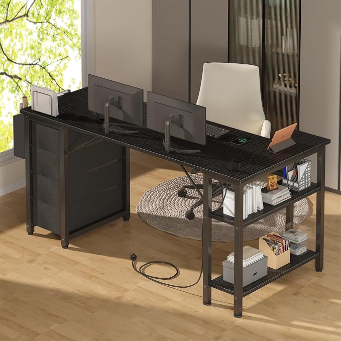 Lufeiya L Shaped Gaming Desk with Drawers & Storage Shelves, 63 Inch Corner Computer Desk with Power Outlet for Home Office Bedroom, L-Shaped Teen PC Desks with Fabric Drawer, Black - Image 4