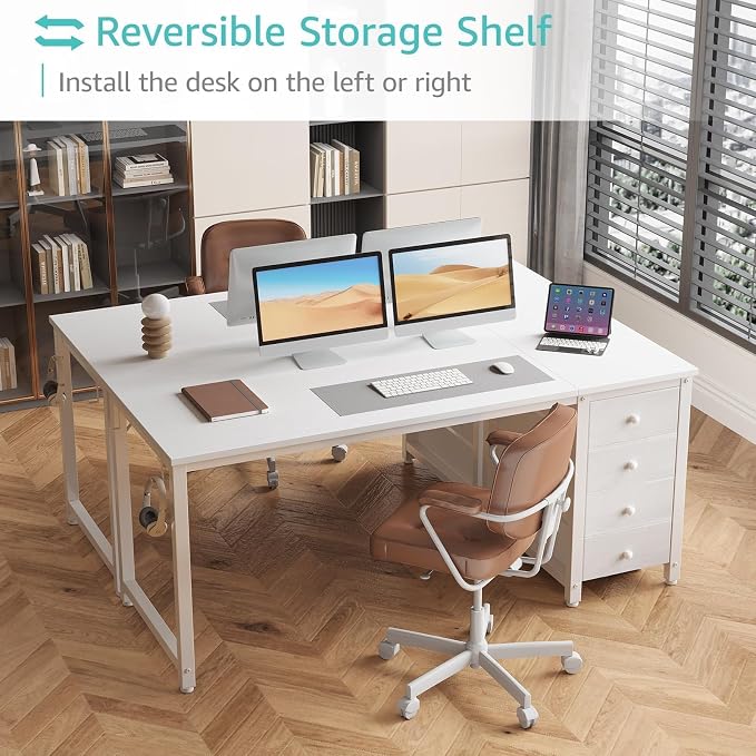 Lufeiya White Computer Desk with Drawers - 55 Inch Long Study Work Writing Desk for Home Office Bedroom, Reversible Simple Modern Cute PC Desks with Fabric Drawer, White - Image 4