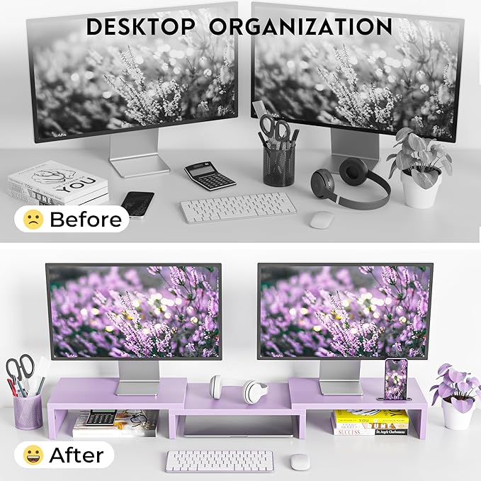 BONTEC Dual Monitor Stand Riser with Smartphone Holder, Adjustable Length & Swivel Angle, Ergonomic Wooden Desktop Organizer for PC Monitor, Laptop, Printer, Large Storage, 42.5 in, Purple - Image 4