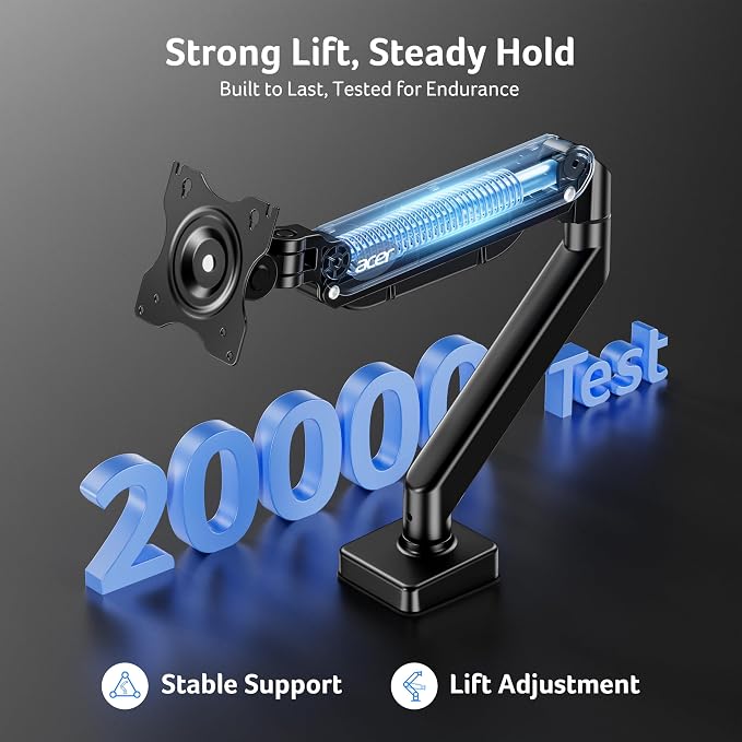 Acer Single Monitor Mount, Fully Adjustable Monitor Arm Fits 17 to 34 Inch Screens, Gas Spring VESA Mount with C-Clamp & Grommet Base, Computer Desk Arm with Tilt Swivel Rotate Supports 4.4-19.8 lbs - Image 4