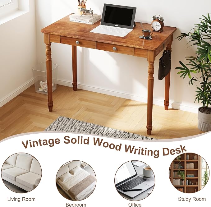 Solid Wood Writing Desk with Drawers - 39.4" Small Wood Vintage Desk, Mid Century Modern Desks, Wooden Computer Desks for Home Office, Traditional Vanity Dressing Table for Bedroom, Walnut - Image 9