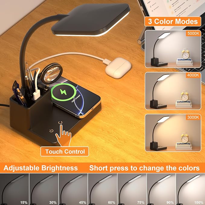 Wireless Charging Desk Lamp USB Charging & Pen Holder, Matte Black | CRI 95, 800LM, Stepless Dimming, 3 Modes, 360°Flexible Arm, Touch, Study Table Lamp for Home Office, Dorm Room, with Adapter - Image 5