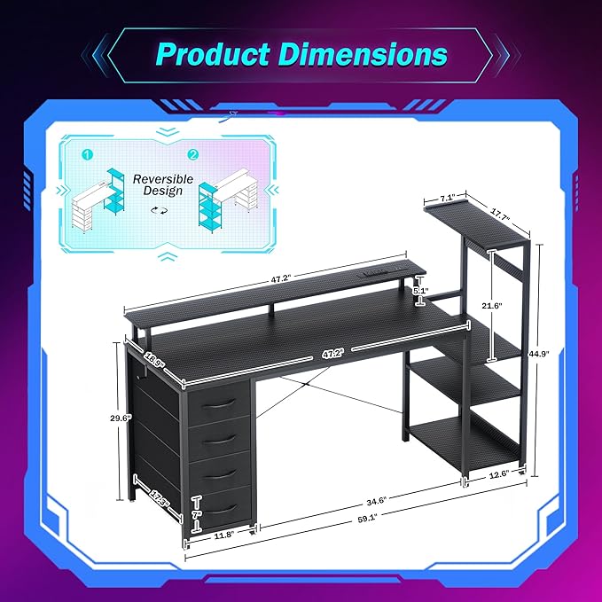 59 Inch Gaming Desk with Drawers & PC Tower Stand & LED Lights, Black | Reversible, Monitor Shelf, Power Outlets, Carbon Fiber, Mesa Gamer, Computer Desk with Storage, Gaming Table for Home Office - Image 3