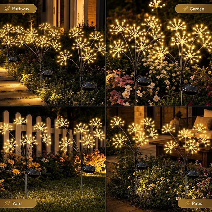 JJGoo Solar Garden Lights, New Upgraded 2 Pack Solar Swaying Starburst Light, Waterproof Fireworks Outdoor Lights, Yard Patio Pathway Decoration, Warm White - Image 6