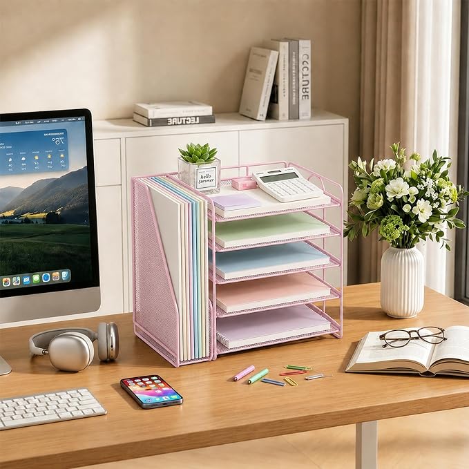 OPNICE Desk Organizer, 5-Tier Paper Organizer Letter Tray with Magazine Holder, Office Desk Accessories & Workspace Organizers, Desktop File Organizer for Office Supplies Storage, Pink - Image 7