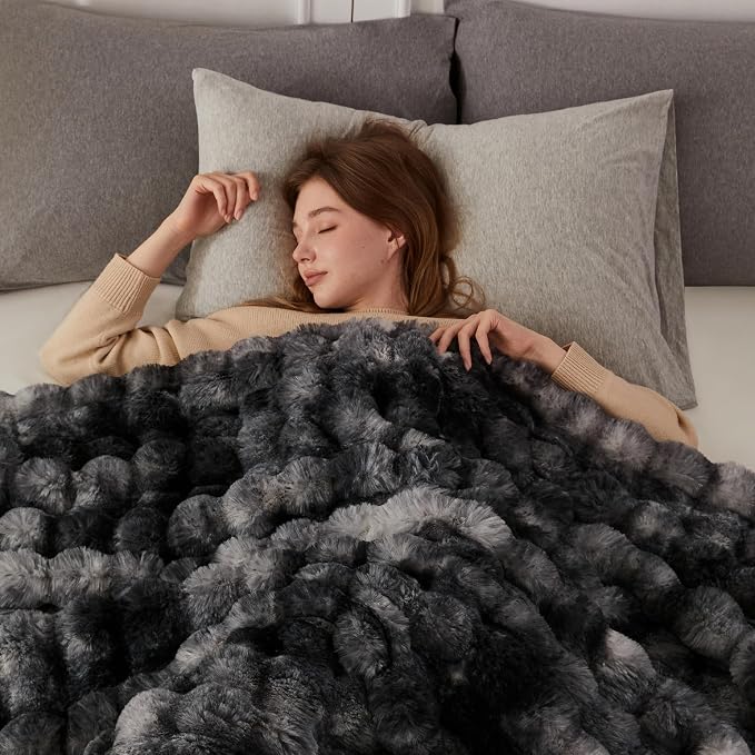 COOVA Faux Fur Throw Blanket for Couch, Cozy Soft and Fuzzy Plush Rabbit Fur Bubble Blanket for Sofa Bedroom Living Room, 50x60 Inches Tie Dye Black - Image 4