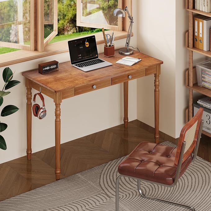 Vintage Solid Wood Writing Desk - 47.2" Mid Century Modern Desk with 2 Drawers, Wooden Computer Desks for Home Office, Large Secretary Desks, Traditional Vanity Dressing Table for Bedroom, Walnut - Image 6