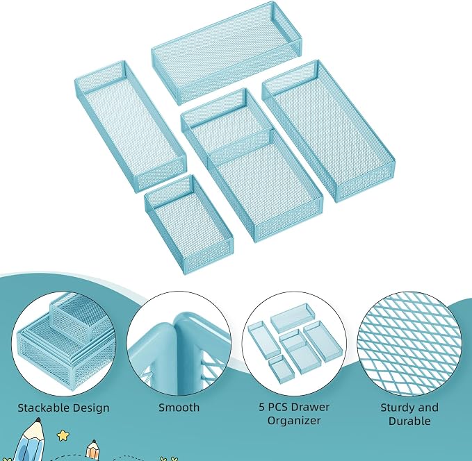 Marbrasse 5 Pack Desk Drawer Organizer Set, Mesh Drawer Storage Trays with 1 Adjustable Divider, Desk Organizers and Accessories, 5 PCS Drawer for Office Supplies, Makeup & Vanity (Blue) - Image 5