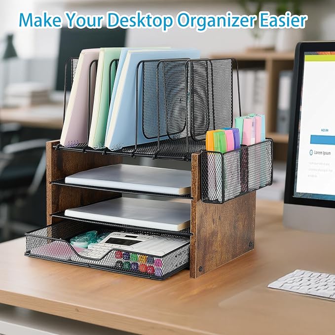 OPNICE Desk Organizer, 4-Tier Desktop File Organizer with Drawer and Pen Holders, Office Desk Accessories, File Sorters, Workspace Organizers for Office Supplies(Brown) - Image 3