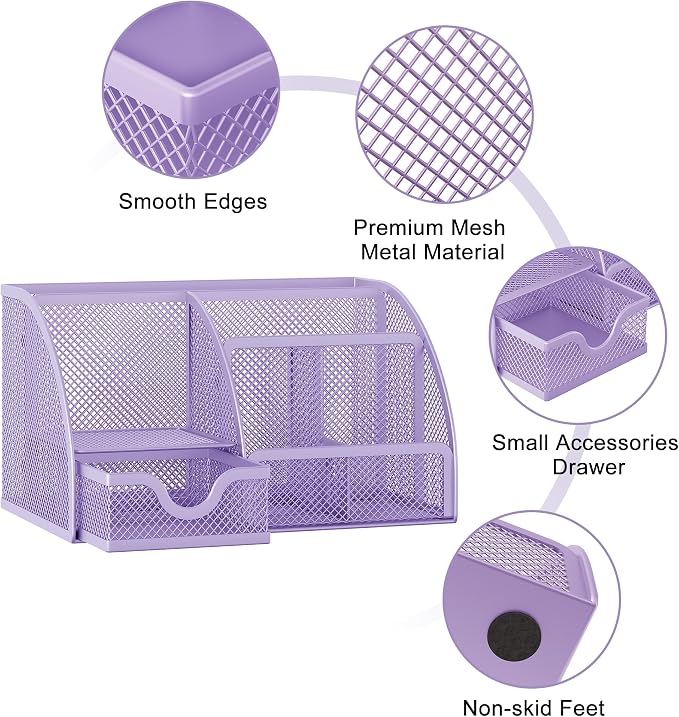 EasyPAG Mesh Desk Organizer with Drawer Multi-functional Pen Holder Stationery Organizer for Office School Supplies 6 Compartments Dorm Organizers and Storage for Desk, Light Purple - Image 4