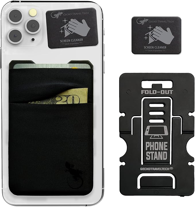 Double Pocket Gecko Phone Wallet - Adhesive Card Holder - Cell Phone Pouch - Stick on Spandex Pocket by Gecko - Carry Credit Cards and Cash – (BLACK-BLACK) by GeckoTravelTech