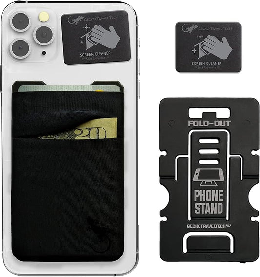Double Pocket Gecko Phone Wallet - Adhesive Card Holder - Cell Phone Pouch - Stick on Spandex Pocket by Gecko - Carry Credit Cards and Cash – (BLACK-BLACK) by GeckoTravelTech