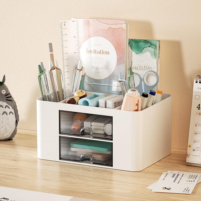 Marbrasse Pen Organizer with 2 Drawer, Multi-Functional Pencil Holder for Desk, Desk Organizers and Accessories with 5 Compartments + Drawer for Office Art Supplies (White) - Image 3