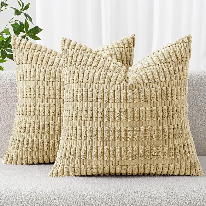 MIULEE Pack of 2 Corduroy Decorative Euro Sham Throw Pillow Covers 24x24 Inch Soft Boho Striped Pillow Covers Modern Farmhouse Home Decor for Sofa Living Room Couch Bed Beige by MIULEE