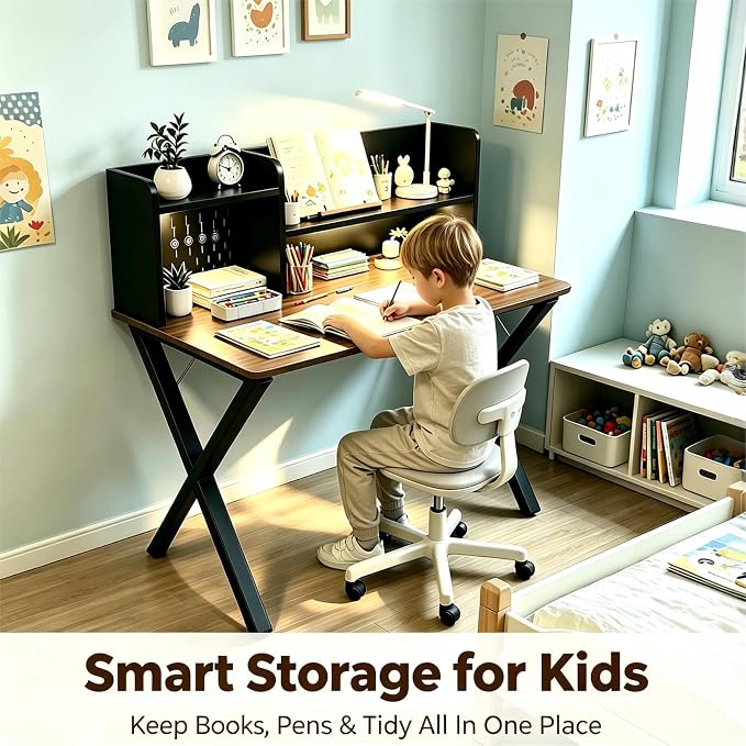 Lightdot 44" ×24" Black Home Office Computer Desk with Charging Ports, Study Gaming Desk with Hutch Pegboard & Motion Sensor Light, Student Writing Desk with Storage for Home Office Bedroom - Image 4