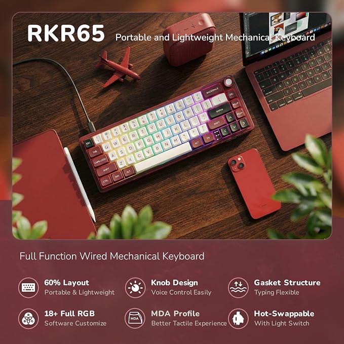 RK ROYAL KLUDGE R65 Wired Mechanical Keyboard with Volume Knob, 60% Percent RGB Backlit Gaming Keyboard Gasket Mount with PBT Keycaps, MDA Profile, QMK/VIA, 66 Keys Hot Swappable Light Switch, Red - Image 2