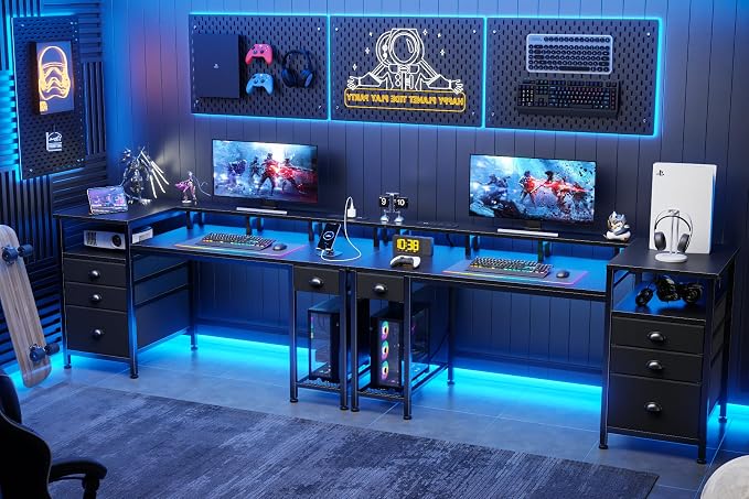 Furologee 60" Black Computer Desk with 4 Drawers and Printer Space, Gaming Desk with LED Lights and USB Power Outlets, Home Office Desk with Fabric File Cabinet,Study Work Table with Shelf for Bedroom - Image 9