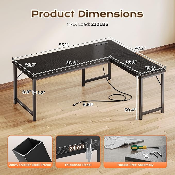 Huuger 55 Inch L Shaped Desk with Power Outlets and USB-C Port, Reversible Computer Desk, Larger Office Corner Gaming Desk, 0.95 Inch Thicker Desktop, Metal Frame, for Home Office, Study, Black - Image 3
