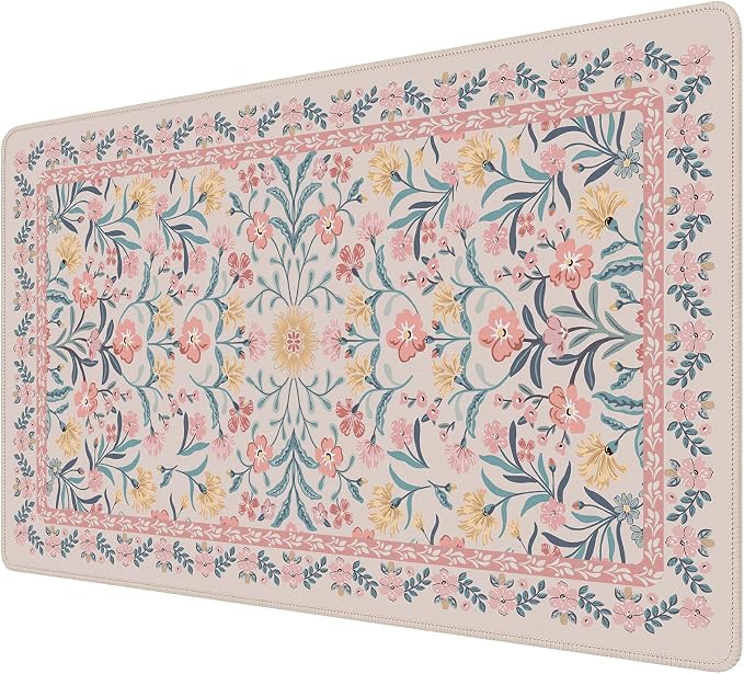 iCasso Aesthetic Mouse Pad for Office Decor,23.6x13.7in,Pink Floral | Desk Matt for Desktop,Anti-Slip Mousepad with Stitched Edges for Laptop Computer Keyboard,Smooth Water-Resistant by iCasso