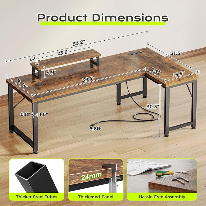 PRAISUN 53" L Shaped Computer Desk, Outlets, Monitor Stand, Rustic Brown | USB-C Ports, Reversible Charging Station, Spacious Desktop & Legroom, 0.94 Inch Thick Desktop, for Gaming, Study & Work - Image 3