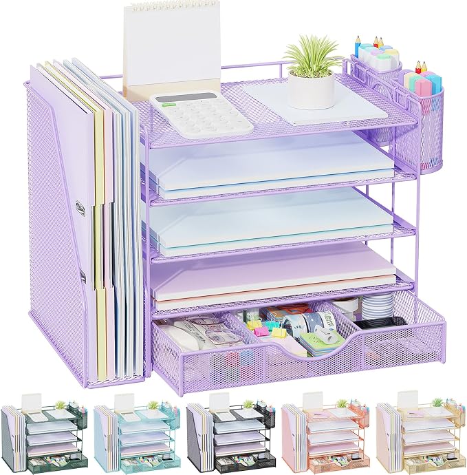 gianotter 5-Tier Desk Organizer with Drawers and File Holders | Letter Trays and Pen Holders - Workspace Accessories for Office Supplies (Light Purple) by gianotter