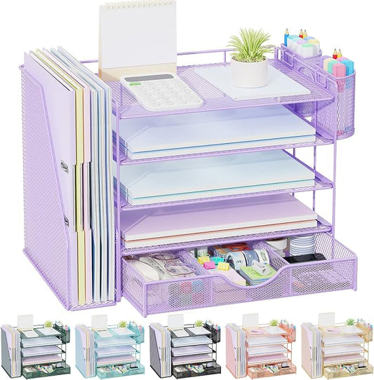gianotter 5-Tier Desk Organizer with Drawers and File Holders | Letter Trays and Pen Holders - Workspace Accessories for Office Supplies (Light Purple) by gianotter