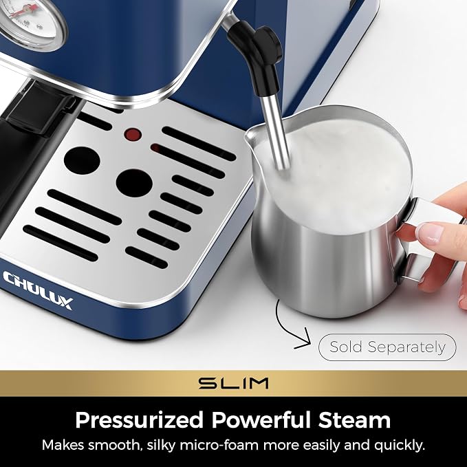 CHULUX Slim Espresso Machine with Milk Frother for Home Latte, Dark Blue | Precise Pressure Gauge, Food-Grade Materials, 20 Bar Italian Pump, Professional Temperature Control System, Stainless Steel - Image 3