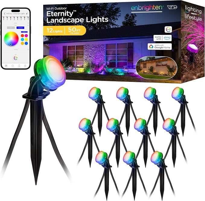 Enbrighten Vibe Eternity Garden Lights, 50ft, 12 RGBWIC LEDs, Waterproof, Uplights, Outdoor Landscape Lighting, Home Exterior Spotlight, Smart App, Works with Alexa, Google Home, 83790 by Enbrighten