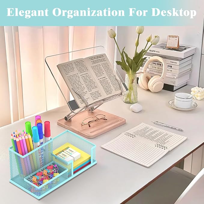 SUPEASY Mesh Pen Holder Desk Organizer, Office Supplies Pencil Storage with 3 Compartments, Office Desk Accessories and Workspace Organizers for Home School, Blue - Image 2