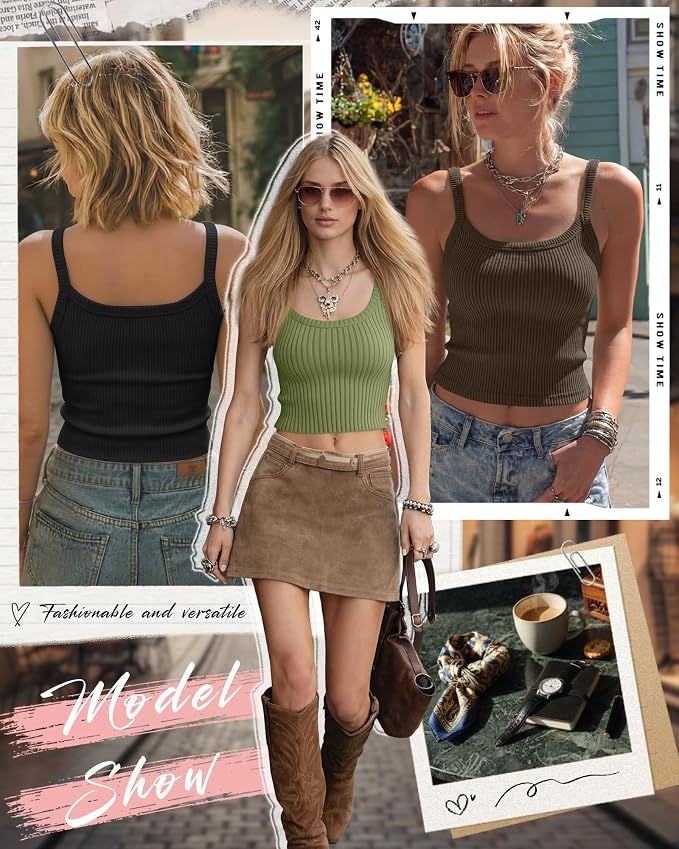 Ficerd 3 Pack Women's Tank Tops 95% Cotton Spaghetti Strap Ribbed Crop Camisole Slim Fitted Basic Summer Sleeveless Layer - Image 3