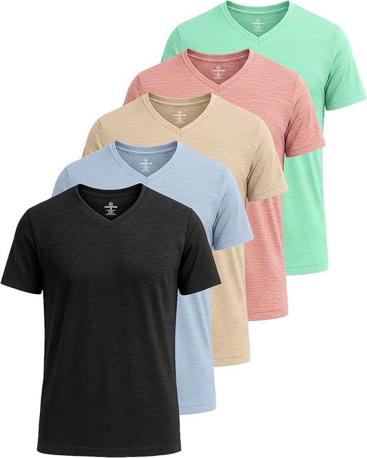 5 Pack Men's Dry Fit V Neck Gym Workout T Shirts Athletic Moisture Wicking | Cooling, Quick Dry, Breathable, Short Sleeve, Exercise, Cycling, Sports, Outdoor, Fitness, Golf, Crossfit, Hiking, Tennis by RealEssentials