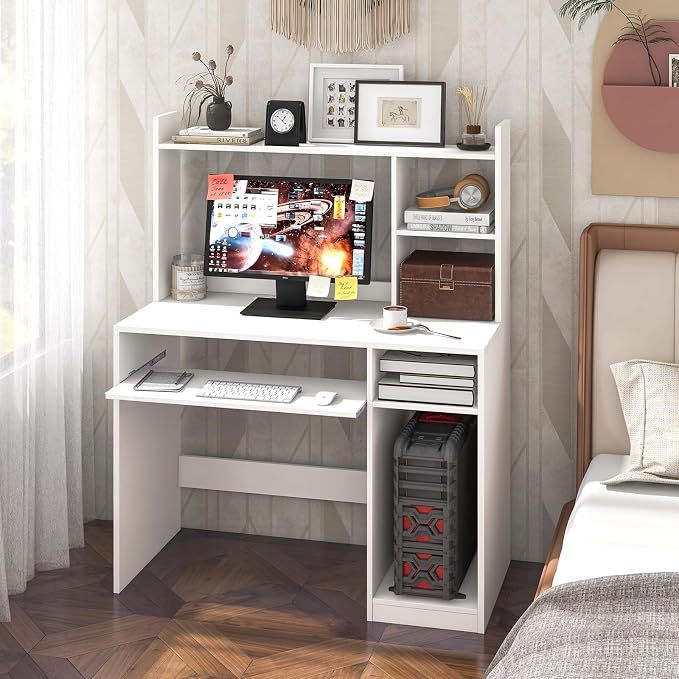 Giantex Computer Desk with Hutch, 43.5 Inch Home Office Desk with Keyboard Tray & Charging Station, Laptop PC Table for Workstation, Modern Study Writing Desk for Small Space, Bedroom, White - Image 9