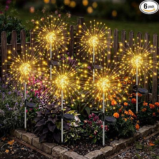 btfarm 6 Pack 120 LED Solar Garden Lights Outdoor, 8 Modes Firework Lights Solar Powered, Waterproof Twinkle Fairy Light Outside for Yard Patio Pathway Pool Christmas Party Decorative, Warm White by btfarmdecorativelighting