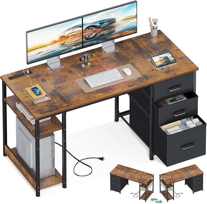 AODK 51 Inch Computer Desk with Drawers & USB Power Outlets | Reversible Home Office Desk with Storage Shelves, Work from Home, Modern Work/Writing/Study Table for Bedroom, Vintage by AODK
