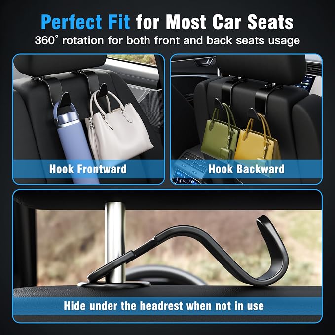 Amooca 4-Pack Car Headrest Hooks –Holds 55lbs Vehicle Storage Organizer for Purses Handbags Groceries Backpack Coats 360° Rotating Black - Image 4