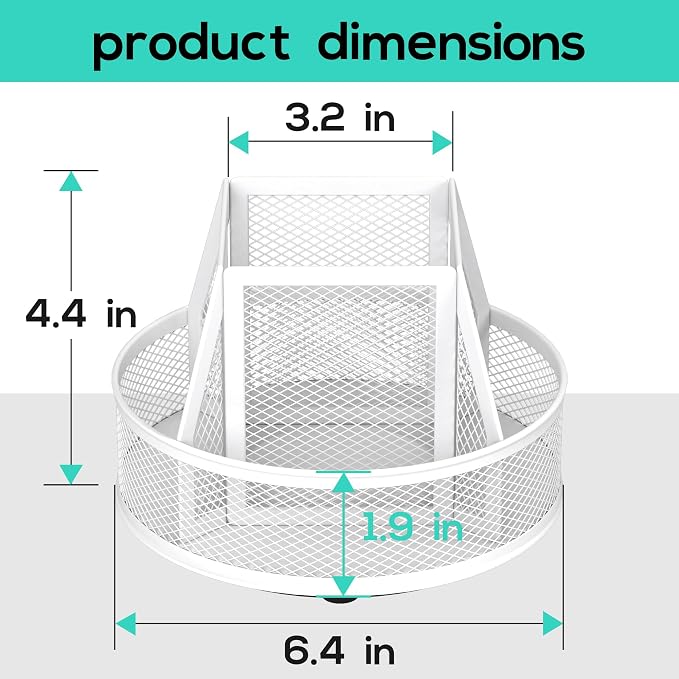 YINGHUA Metal Mesh Desk Organizer with 5 Compartments and Rotating Pencil Holder Pen and Stationery Organizer for Office Home School Anti Slip Base White - Image 2