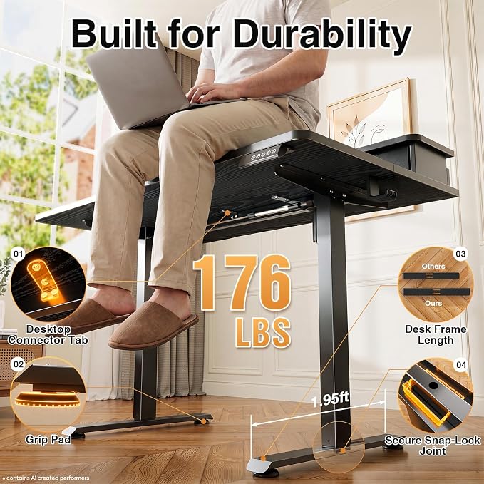 Veken 55x26 in Electric Standing Desk with Drawers, Adjustable Table, Black | Stand up Computer Desk for Home Office, Work & Study, with Storage, 3 Memory Presets, Cable Organizer, Hook, and Quiet Lift. - Image 6
