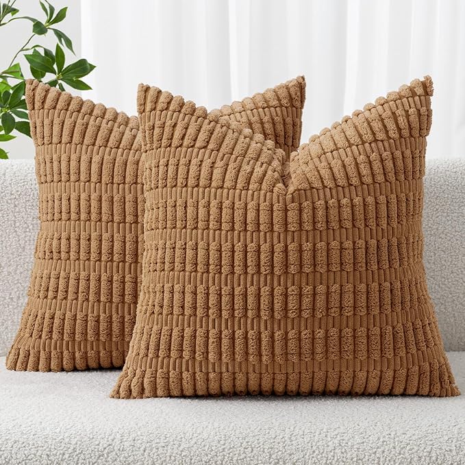 MIULEE Pack of 2 Corduroy Decorative Throw Pillow Covers 20x20 Inch Soft Boho Striped Pillow Covers Modern Farmhouse Home Decor for Sofa Living Room Couch Bed Brown by MIULEE