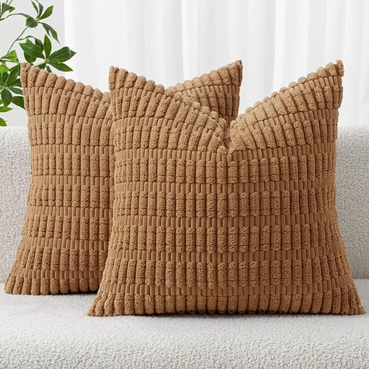 MIULEE Pack of 2 Corduroy Decorative Throw Pillow Covers 20x20 Inch Soft Boho Striped Pillow Covers Modern Farmhouse Home Decor for Sofa Living Room Couch Bed Brown by MIULEE