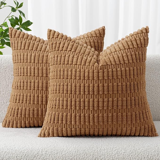 MIULEE Pack of 2 Corduroy Decorative Throw Pillow Covers 16x16 Inch Soft Boho Striped Pillow Covers Modern Farmhouse Home Decor for Sofa Living Room Couch Bed Brown by MIULEE