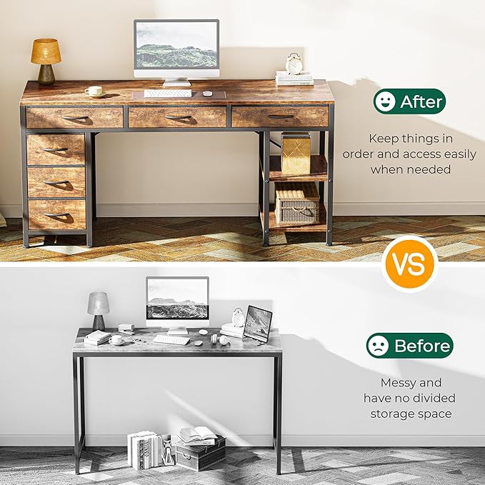 Huuger Computer Desk with 6 Drawers, Office Desk with Shelves, Reversible Gaming Desk, Corner Desk with Storage, Work for Home Office, Study, Living Room, 54inch, Rustic Brown - Image 5