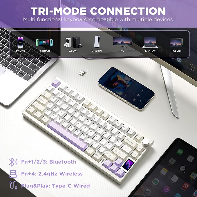 YUNZII AL80 75% Wireless Aluminum Mechanical Keyboard(Beige, Gateron Zero) | QMK/VIA, Smart LCD Display and Knob, Hot Swap, Gasket Structure, BT/2.4G/USB-C, RGB Keyboard for Gaming/Win/Mac - Image 4