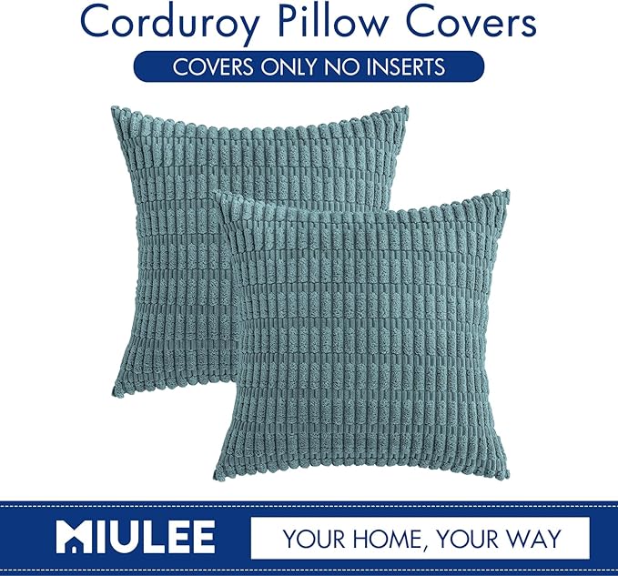 MIULEE Pack of 2 Corduroy Decorative Throw Pillow Covers 20x20 Inch Soft Boho Striped Pillow Covers Modern Farmhouse Home Decor for Summer Coastal Sofa Living Room Couch Bed Coastal Blue - Image 6