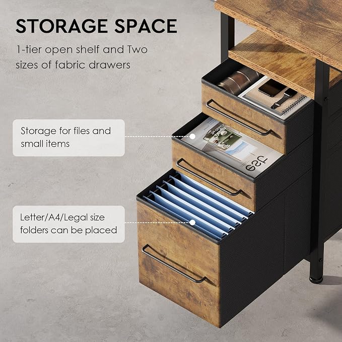 Maihail Small Desk with Drawers, Office Desk with Storage Shelves, Brown2 | 40 Inch Desktop, Metal Frame, 3 Fabric Drawers, Storage Shelves, Computer & Writing Desk, Office Gaming Workstation - Image 4