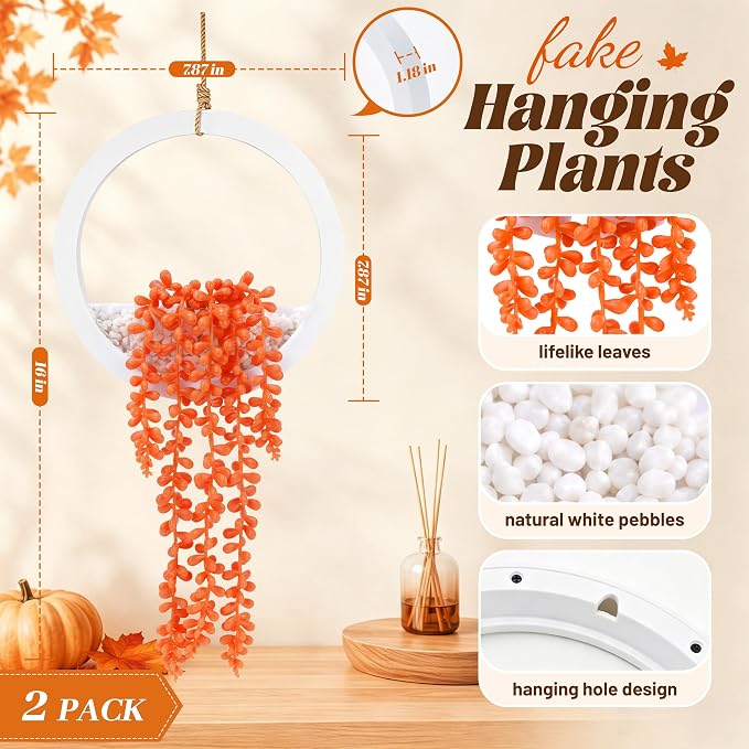 Der Rose 2 Pack Orange Hanging Artificial Succulent Plants, Fake Hanging Plants for Fall Decor, Bathroom, Living Room, Kitchen Wall, Shelf and Boho Farmhouse Decor - Image 3