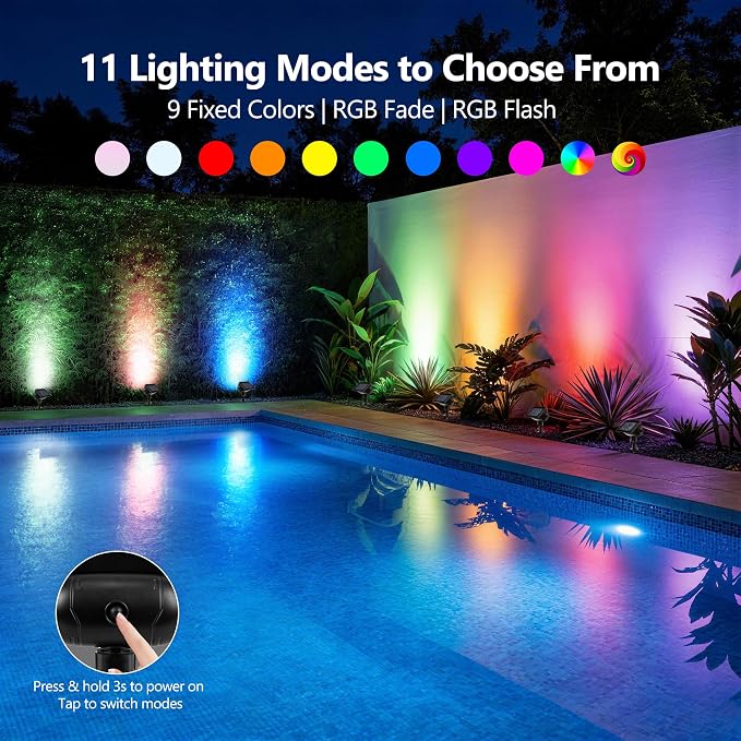 Brizled Solar Powered Spotlight Color Outdoor Spot Light Landscape Lighting | 360° Rotation Head; 9 Color & 11 Mode; IP65 Waterproof; Adjustable Height; Stake or Wall Mounted for Yard Tree Garden Pathway - Image 2