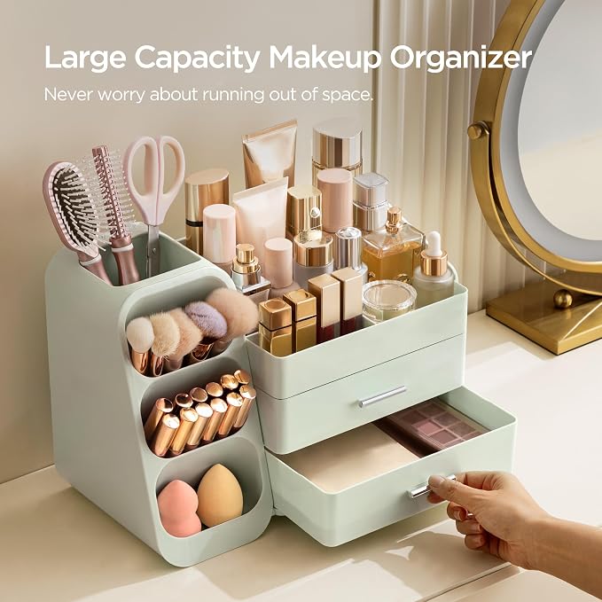 HBlife Makeup Organizer with Brush Holder for Vanity, Large Plastic Bathroom Countertop Organizer Skin Care Storage, Easy to Store Lipsticks, Nail Polishes, Perfumes, Eyeshadow Palettes, All Green - Image 4