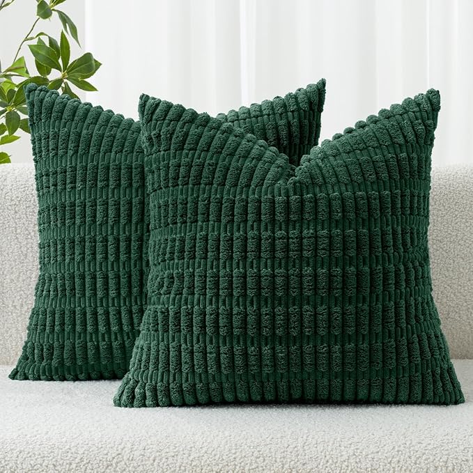 MIULEE Pack of 2 Dark Green Corduroy Decorative Pillow Covers 20x20 Inch Soft Boho Striped Throw Pillow Covers Modern Farmhouse Home Decor for Sofa Living Room Couch Bed by MIULEE