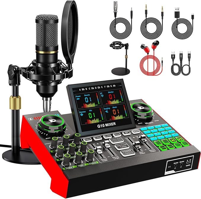 Podcast Microphone Bundle with Live Sound Card Audio Mixer, Podcast Equipment Bundle with 3.5mm Condenser Microphone for Pc/Phone Live Streaming Singing Gaming, Sound Board with Voice Changer, Denoise by tenlamp