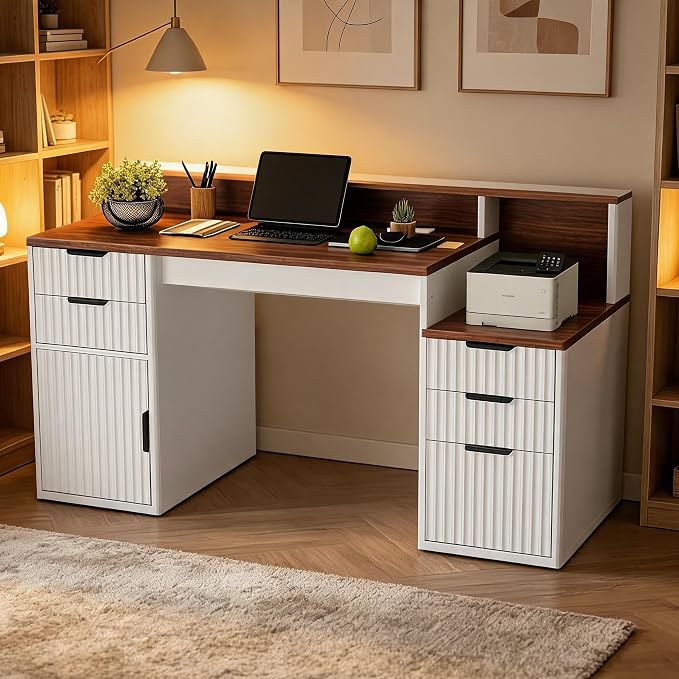 Rectangular Computer Desk with Hutch & Printer Stand, Ripple Door Storage Home Office Desk, Space-Saving Study Writing Desk for Bedroom, Sturdy Board Student Desk with Easy Assembly, Brown & White by Garvee